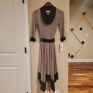 Bethany Belted Scarf Sleeve Midi Dress Asymmetric Toast Black Small
